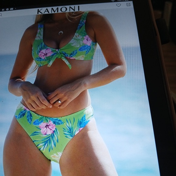 NWT Kamoni Bikini Green Floral Print Scoop Neck Bowknot Front   Sz L - Picture 14 of 14